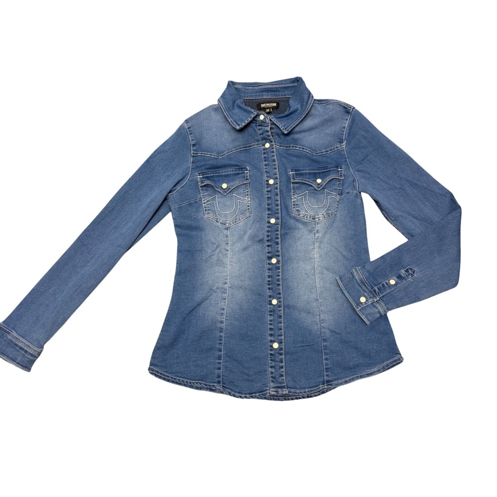 True Religion Womens Western Denim Shirt Medium Wash Pearl Snap Front Size Med